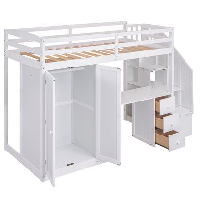 Loft Bed with Wardrobe and Storage Drawers White