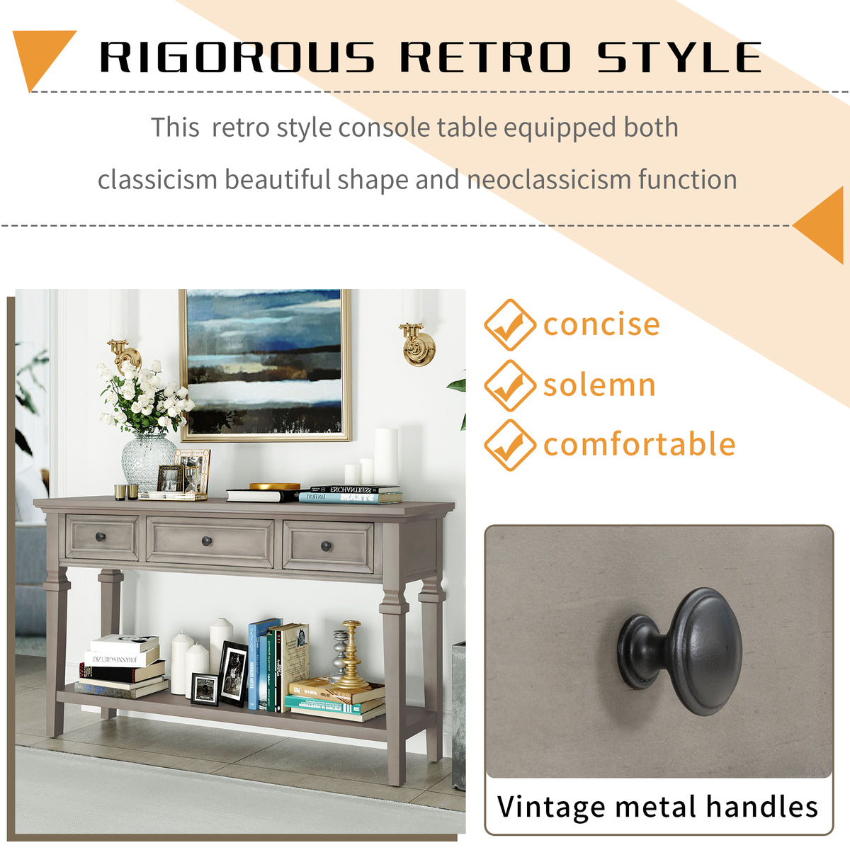 Gray Wood Console Table with Drawers