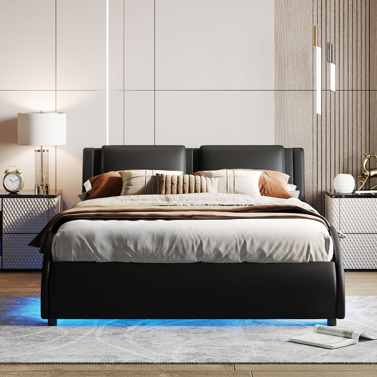 Upholstered Queen Bed with LED Light Black