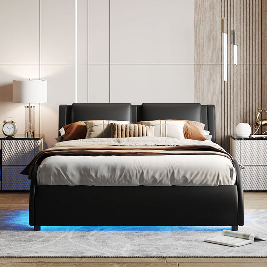 Upholstered Queen Bed with LED Light Black