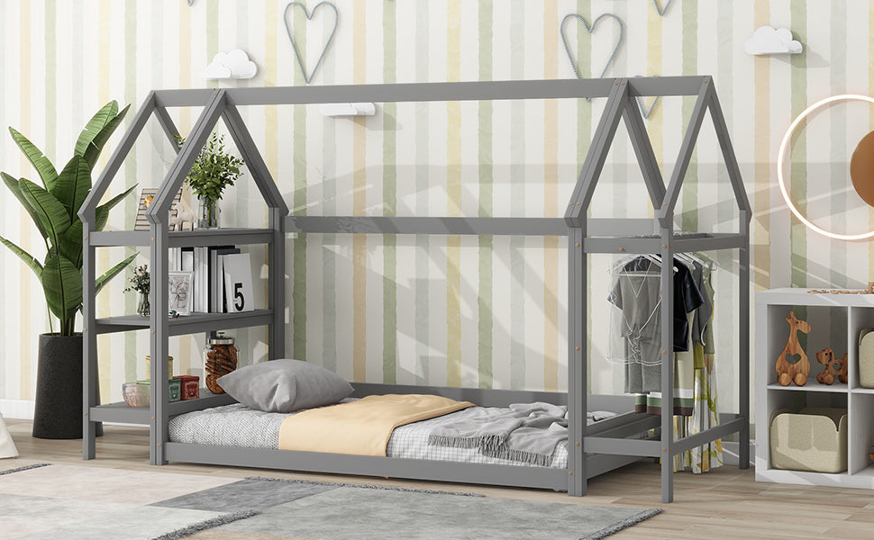 House Frame Platform Bed with Storage Gray