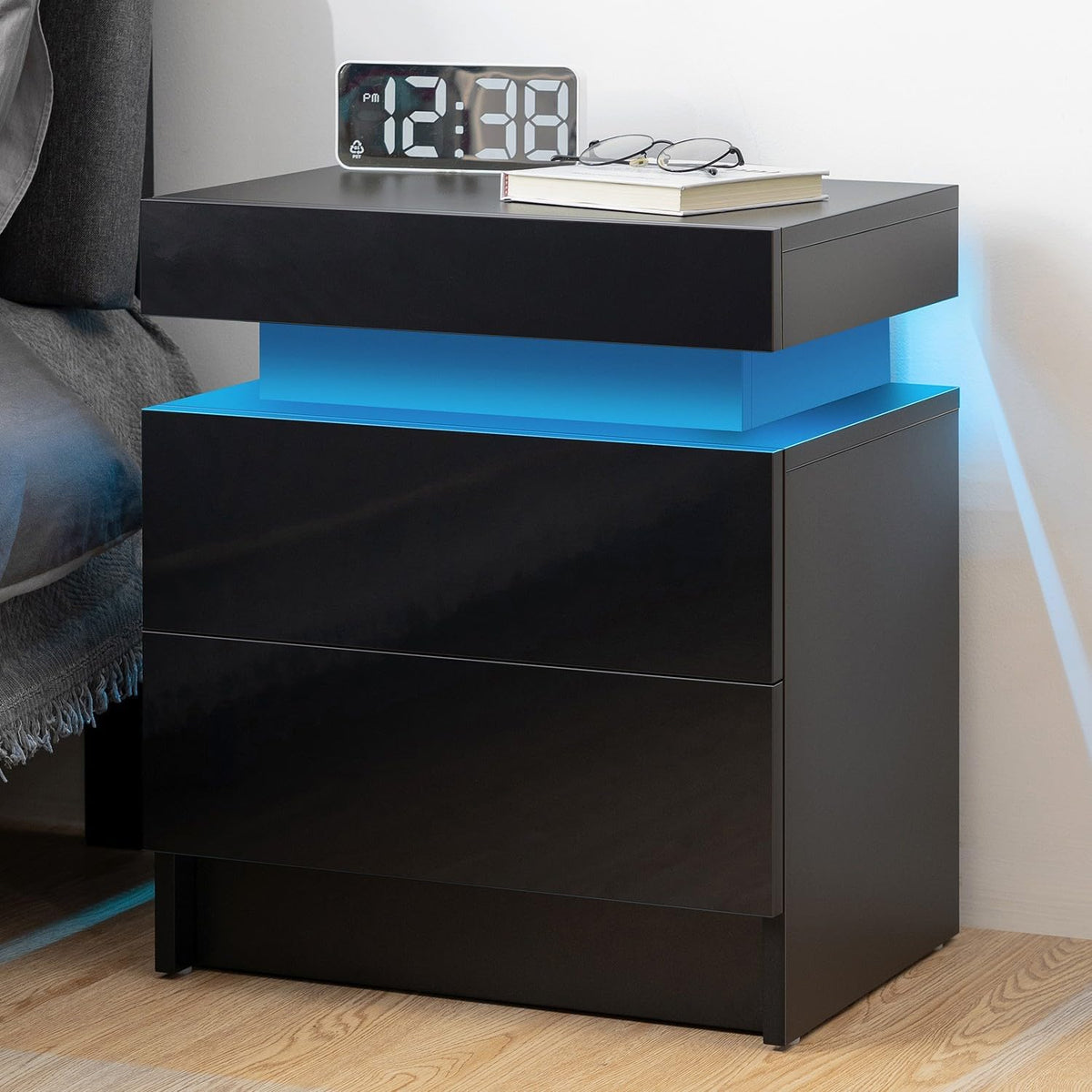 Black LED Nightstand with Storage Drawers