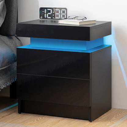 Black LED Nightstand with Storage Drawers