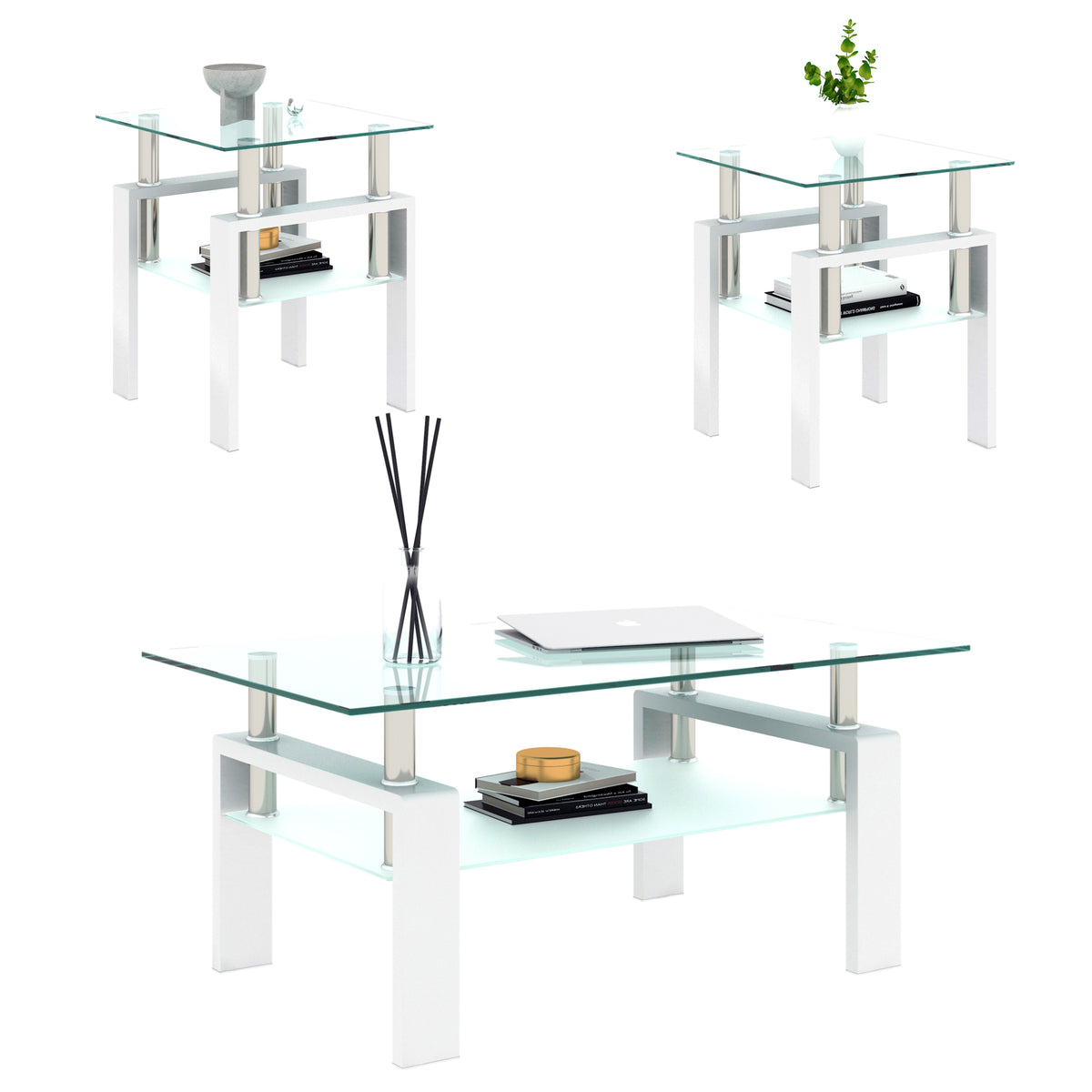 Set of 2 Glass Coffee Tables – Transparent White