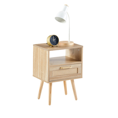 Rattan End Table with USB Ports and Drawer