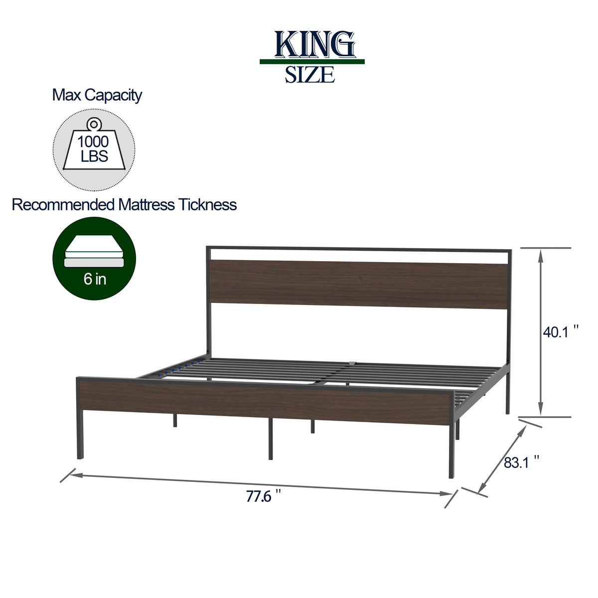 Ceres King Metal Bed with Walnut Headboard
