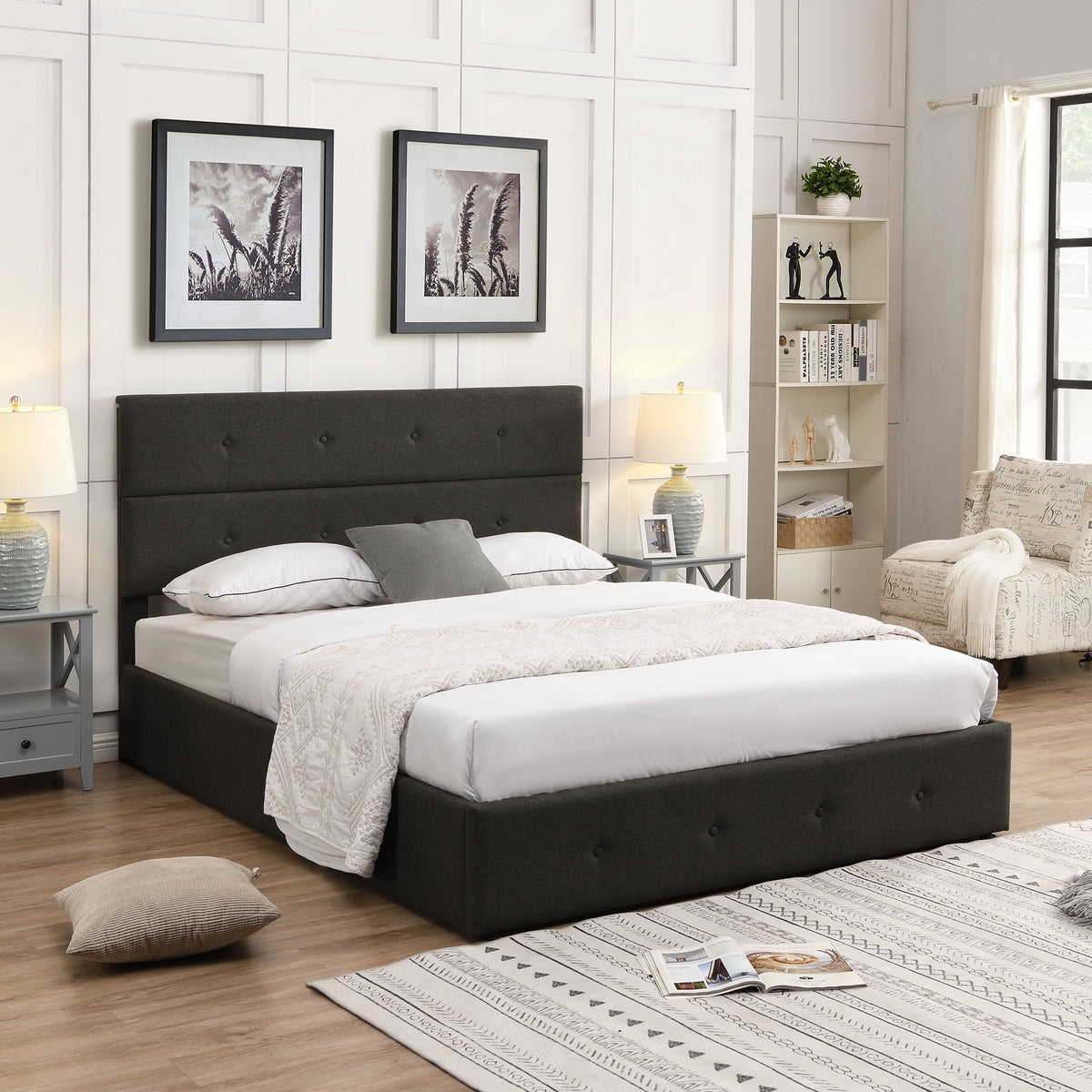 Upholstered Platform Bed with Storage Gray