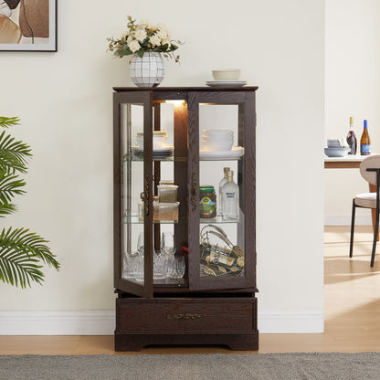 Light Oak Display Cabinet with Glass Frame and Drawer