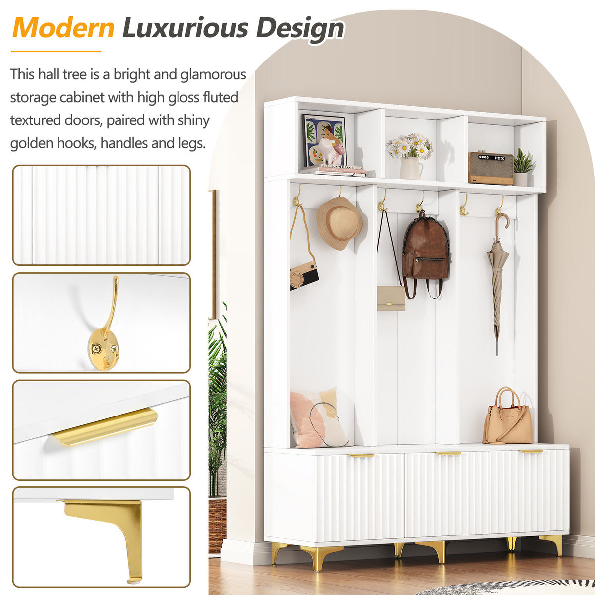 Luxury Storage Hall Bench with Gold Hooks Gray