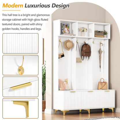 Luxury Storage Hall Bench with Gold Hooks Gray