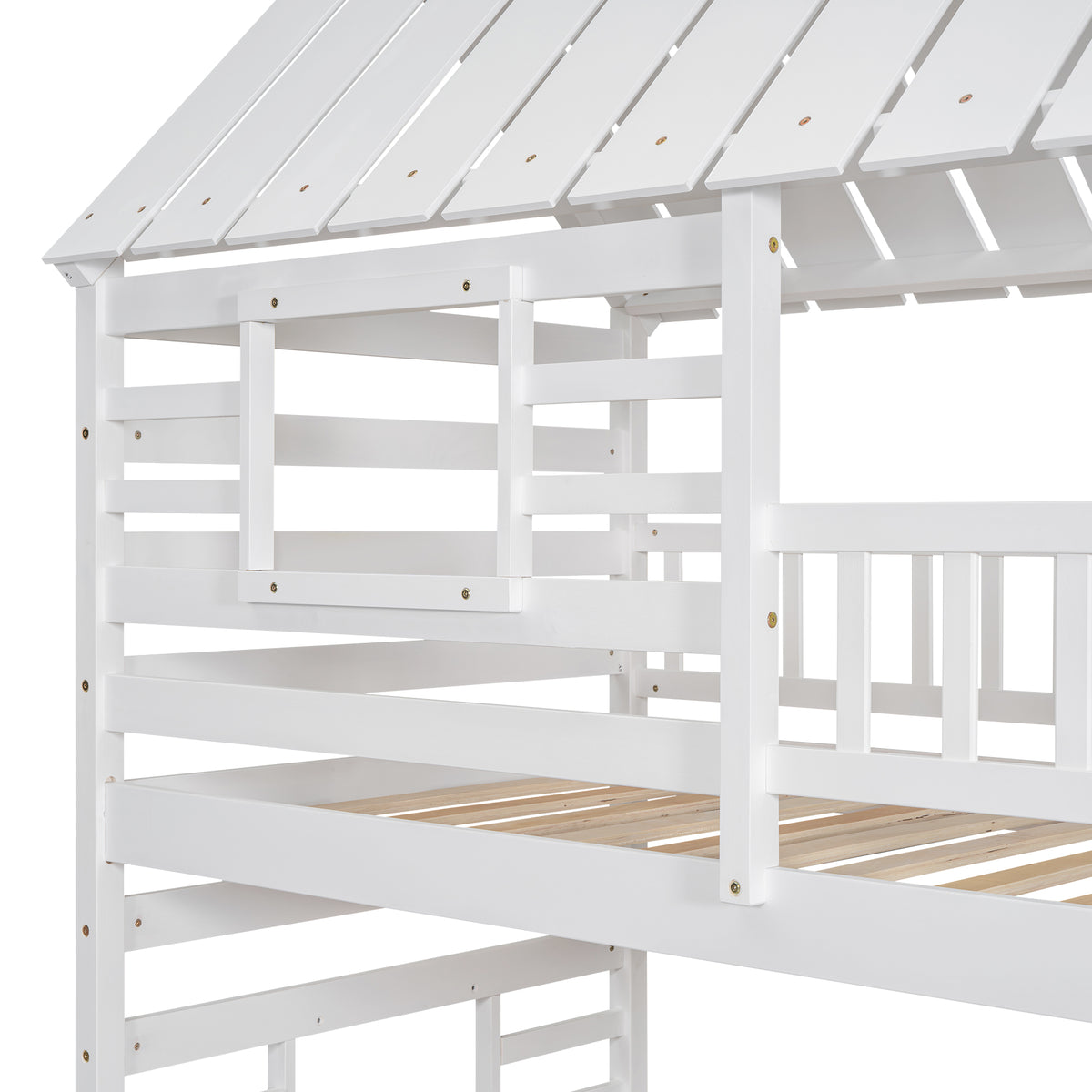 Twin Over Twin Bunk Bed with Roof Staircase White