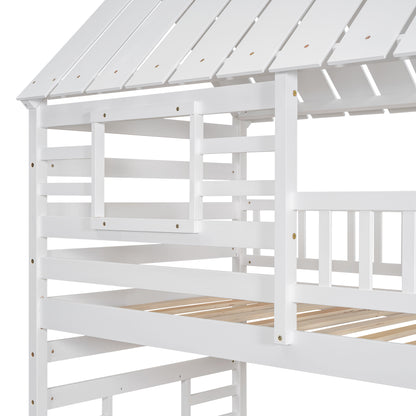 Twin Over Twin Bunk Bed with Roof Staircase White
