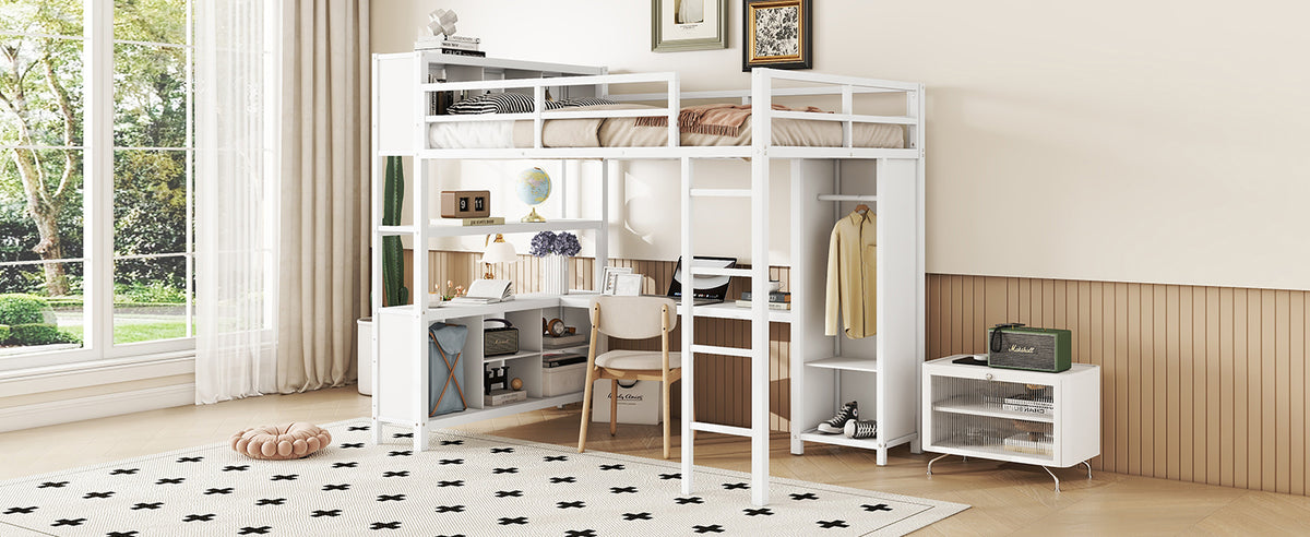 Full Loft Bed with Wardrobe and Shelf White