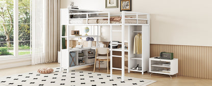 Full Loft Bed with Wardrobe and Shelf White