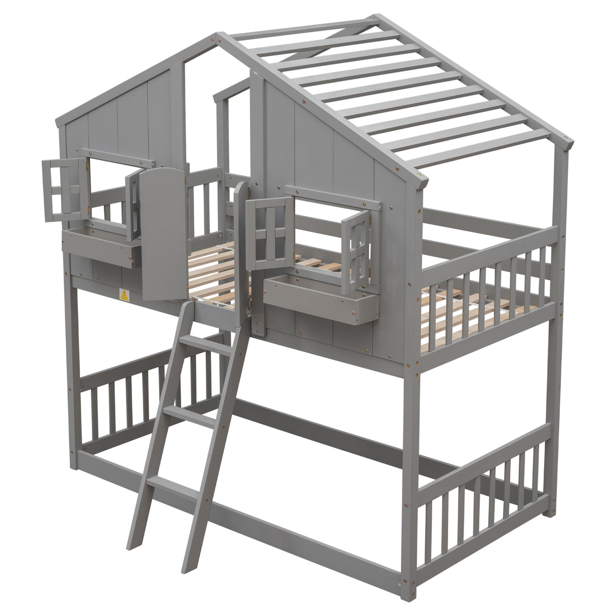 Twin House Bunk Bed with Ladder Grey