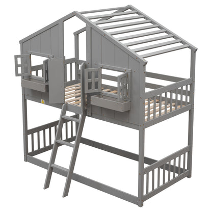 Twin House Bunk Bed with Ladder Grey