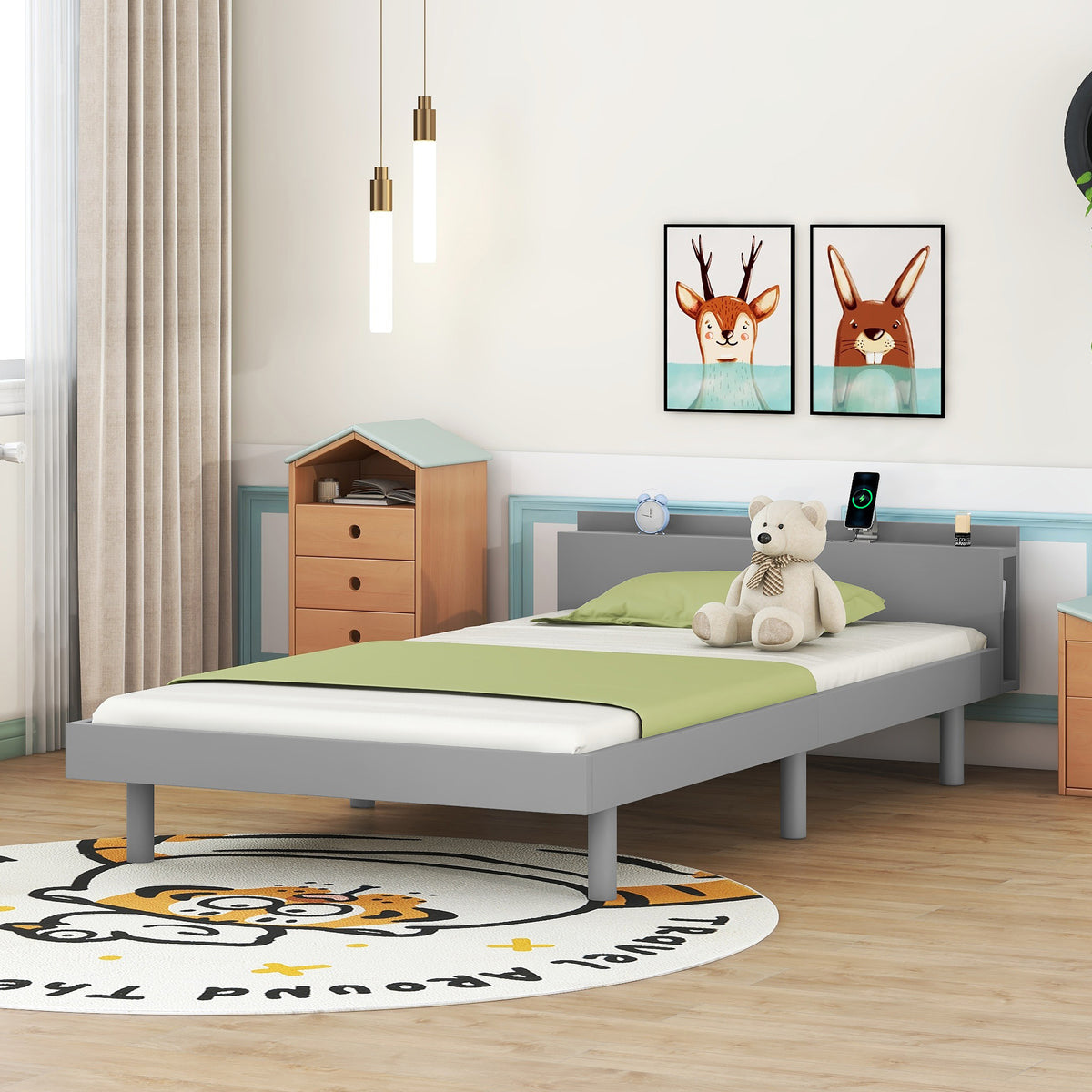 Twin Platform Bed with USB Ports Gray Finish