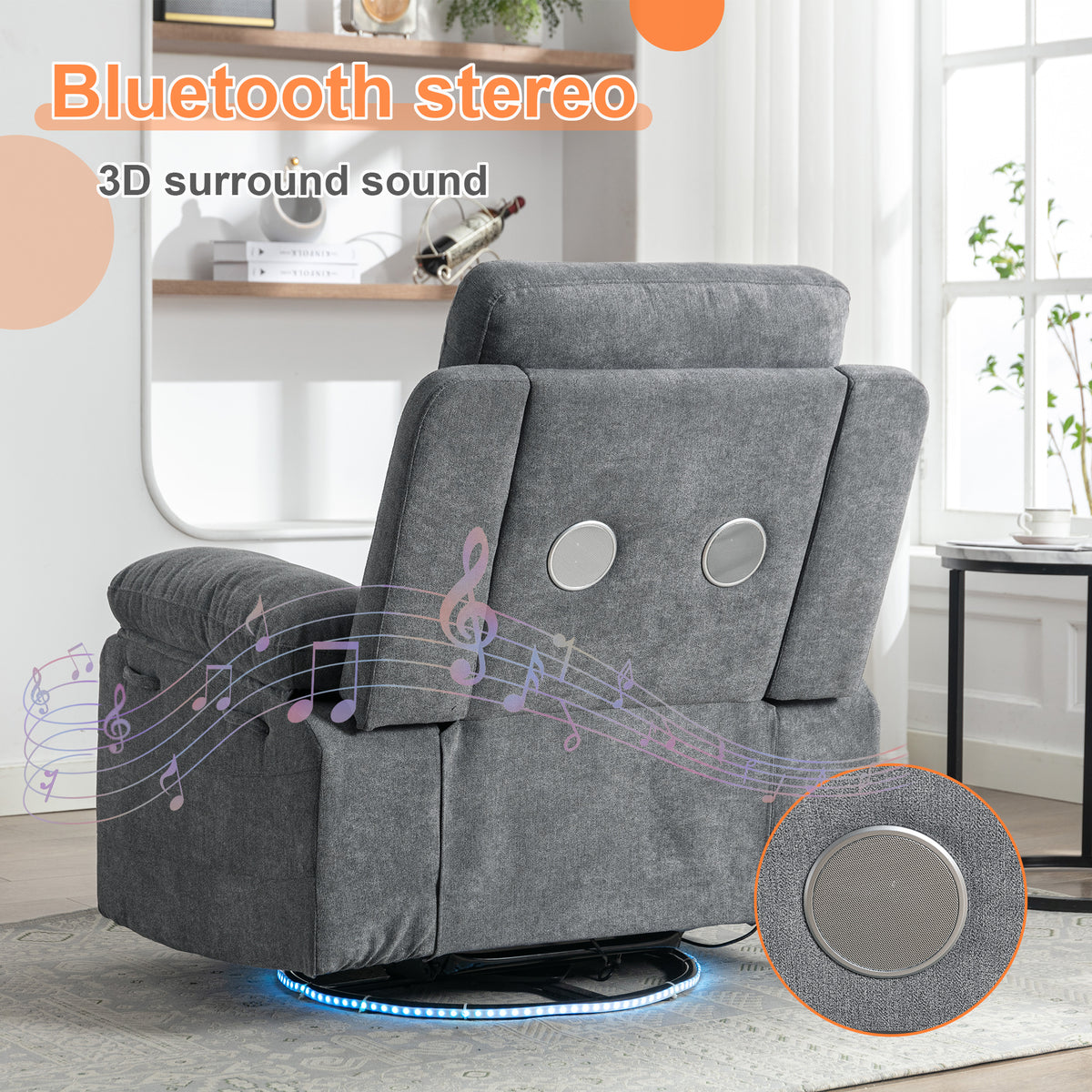 Light Gray 270° Swivel Power Recliner Chair – Linen Upholstery with Bluetooth, LED, USB Charging & Storage