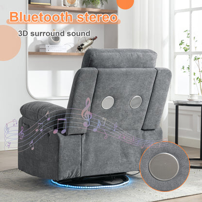 Light Gray 270° Swivel Power Recliner Chair – Linen Upholstery with Bluetooth, LED, USB Charging & Storage