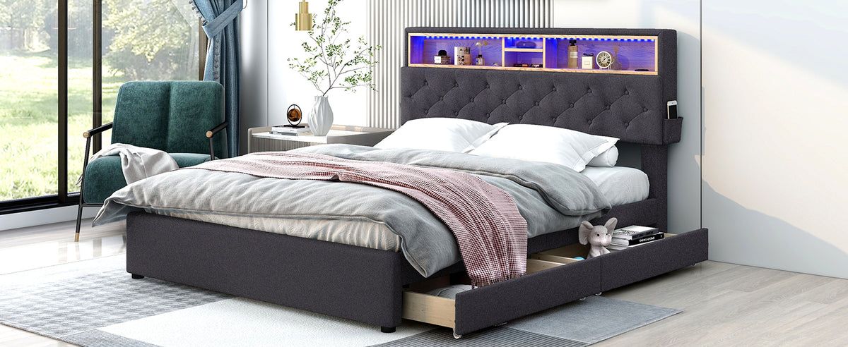 Queen LED Upholstered Storage Bed – Dark Gray