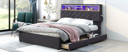 Queen LED Upholstered Storage Bed – Dark Gray