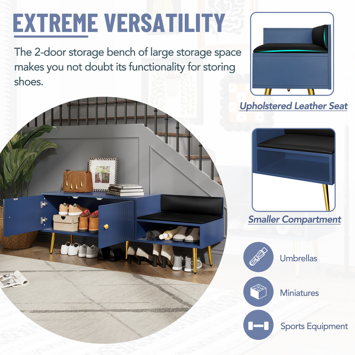 Modern Hidden Storage Bench Navy Upholstered Seat