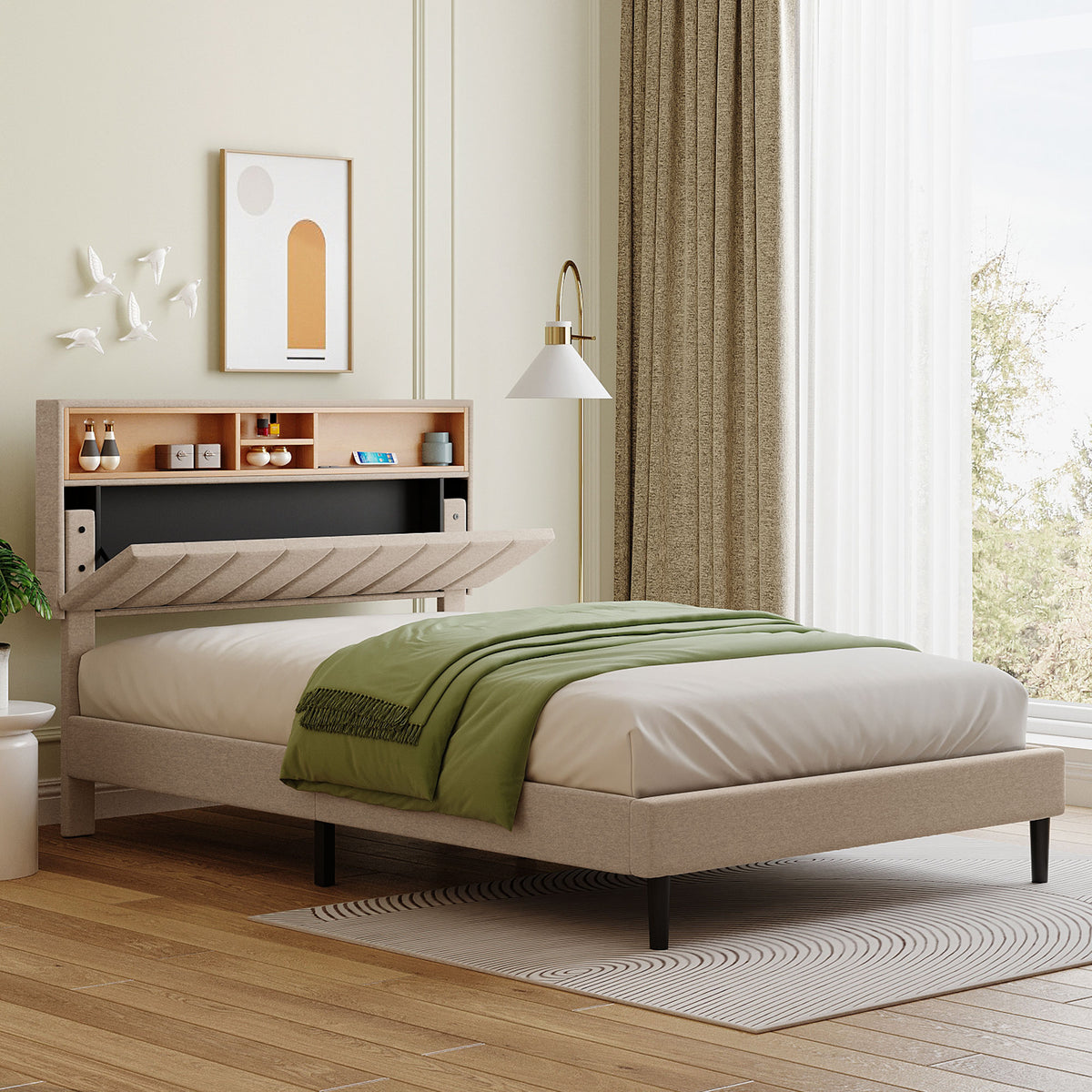 Full Upholstered Storage Bed – Beige Linen