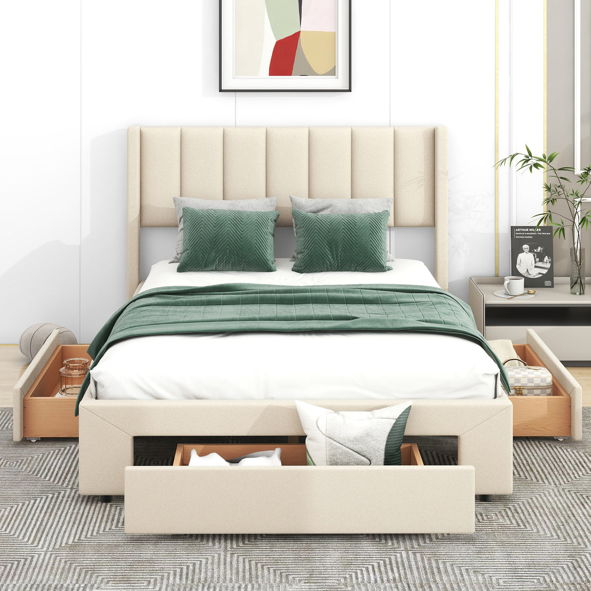 Upholstered Platform Bed with Drawers Beige
