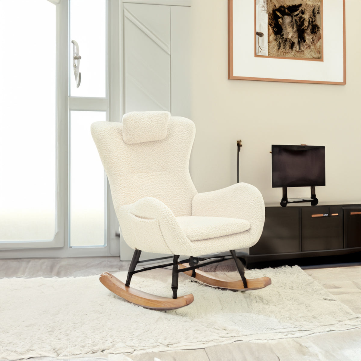 Modern Rocking Chair – Rubber Legs & Chenille Fabric