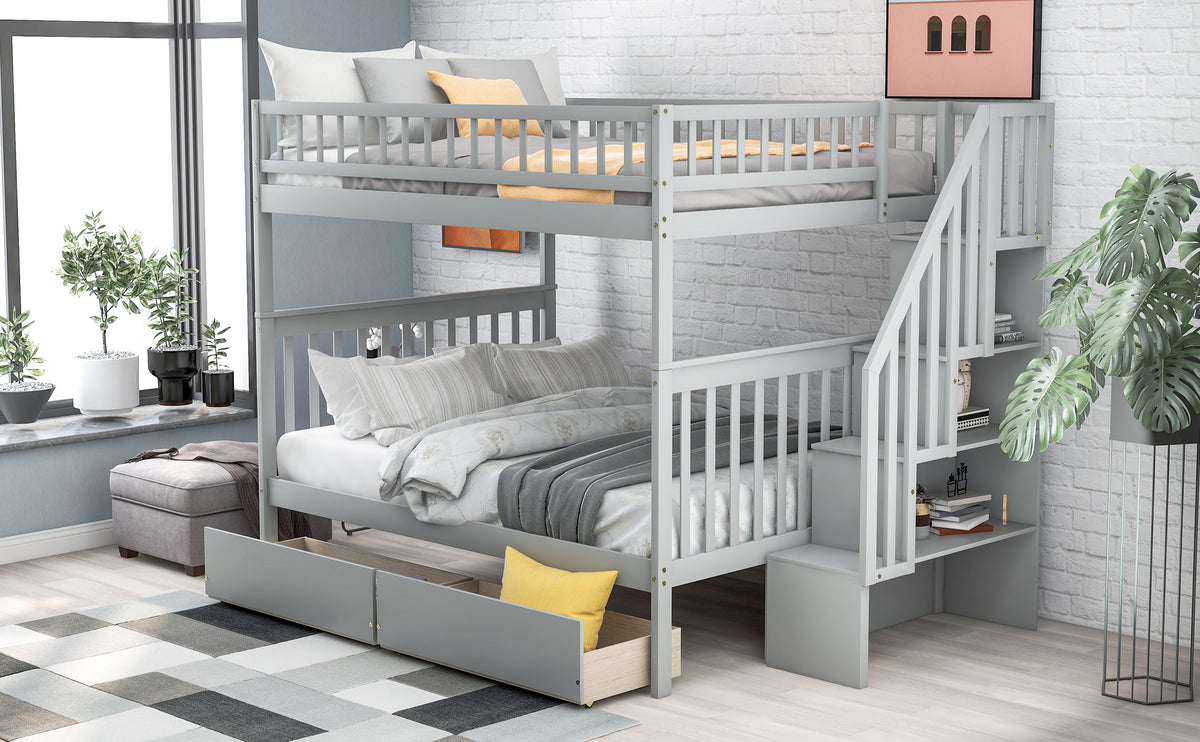 Full Bunk Bed with Storage Drawers Gray
