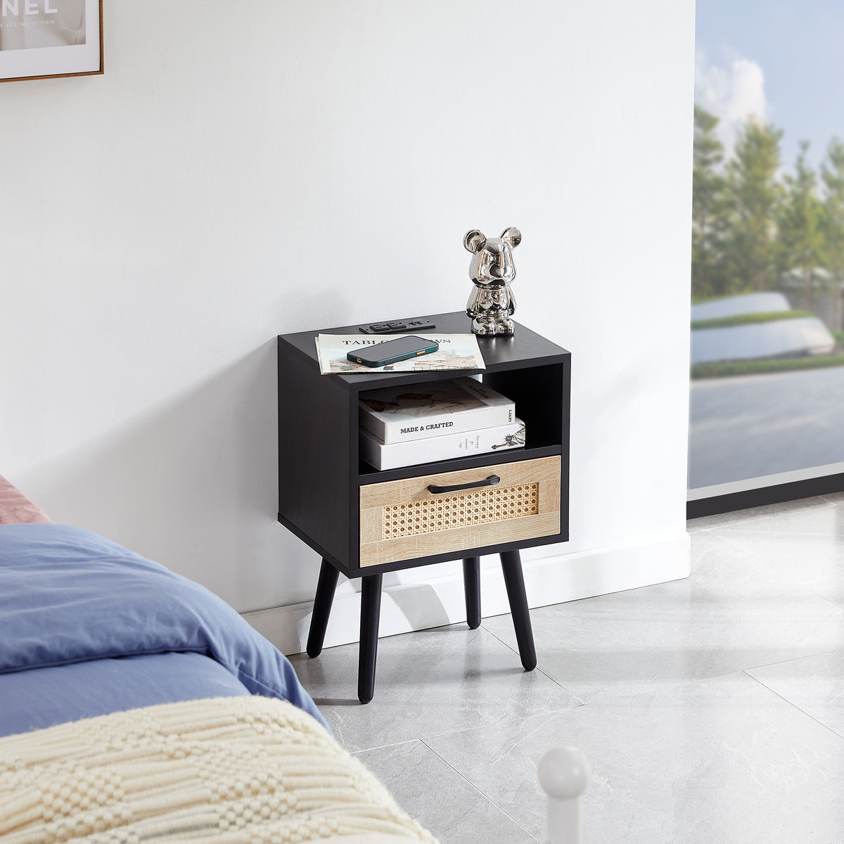 Rattan End Table with Drawer Black Legs
