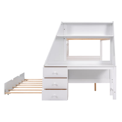 Twin Over Full Bunk Bed with Built-In Desk White