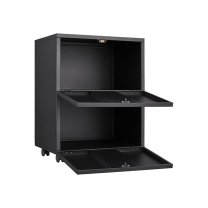 Black Mobile Copier Cabinet – 2-Door Steel File & Printer Stand with Locking Wheels