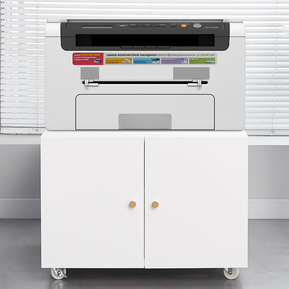 White Mobile Copier Cabinet – 2-Door File & Printer Stand with Wheels