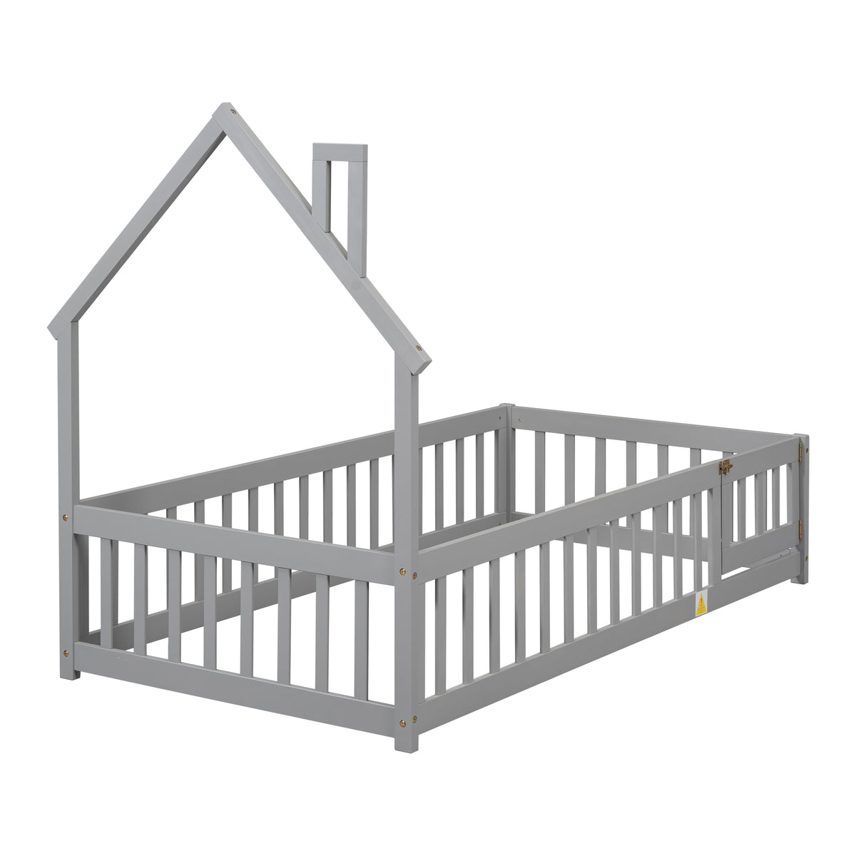 Twin House Bed with Fence Gray