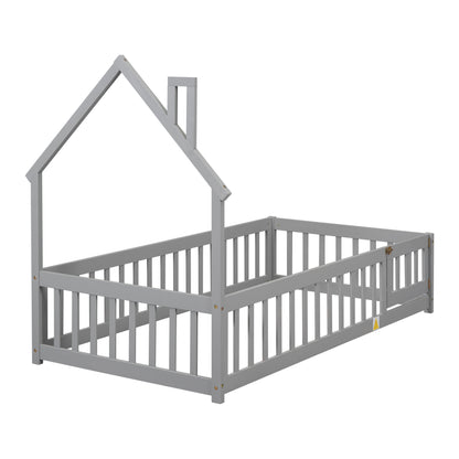 Twin House Bed with Fence Gray