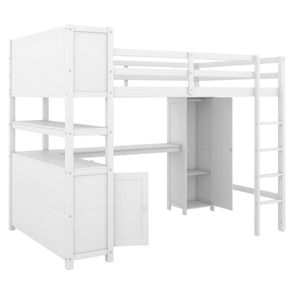 Wood Loft Bed with Bookshelf White