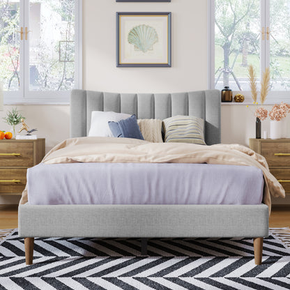 Upholstered Platform Bed with Vertical Channel Headboard Gray