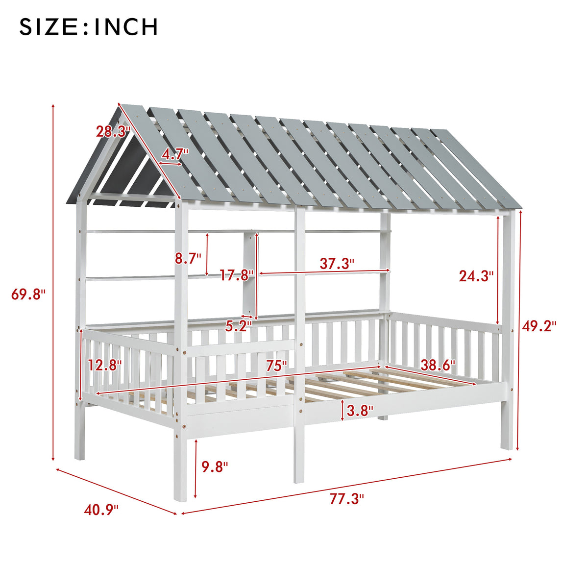 House Bed with Roof and Guardrails White