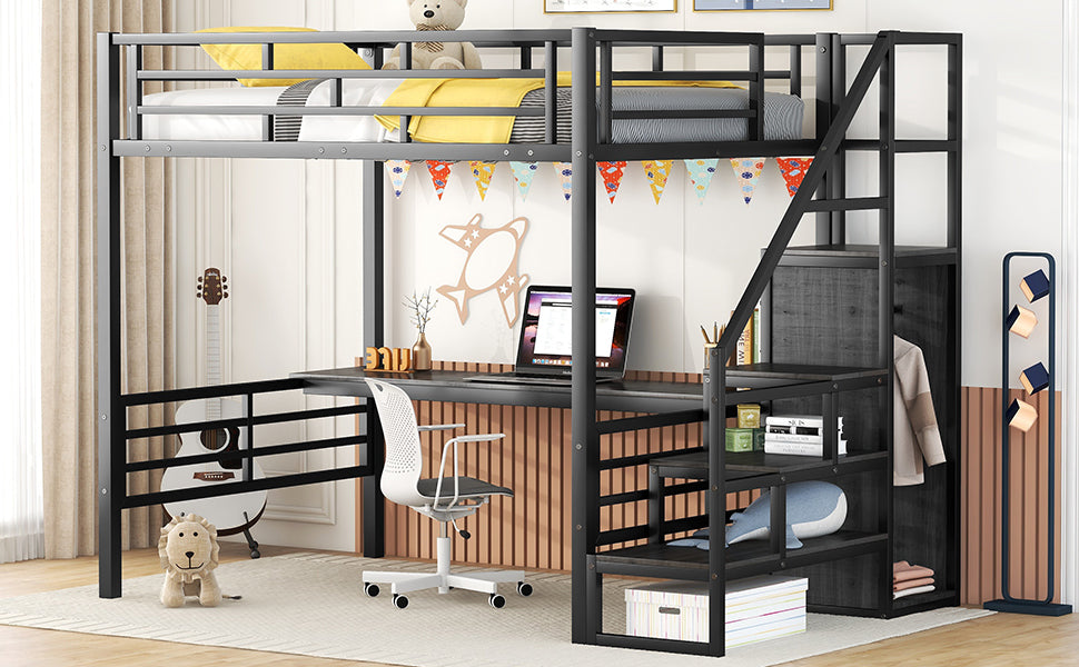 Full Metal Loft Bed with Desk Black
