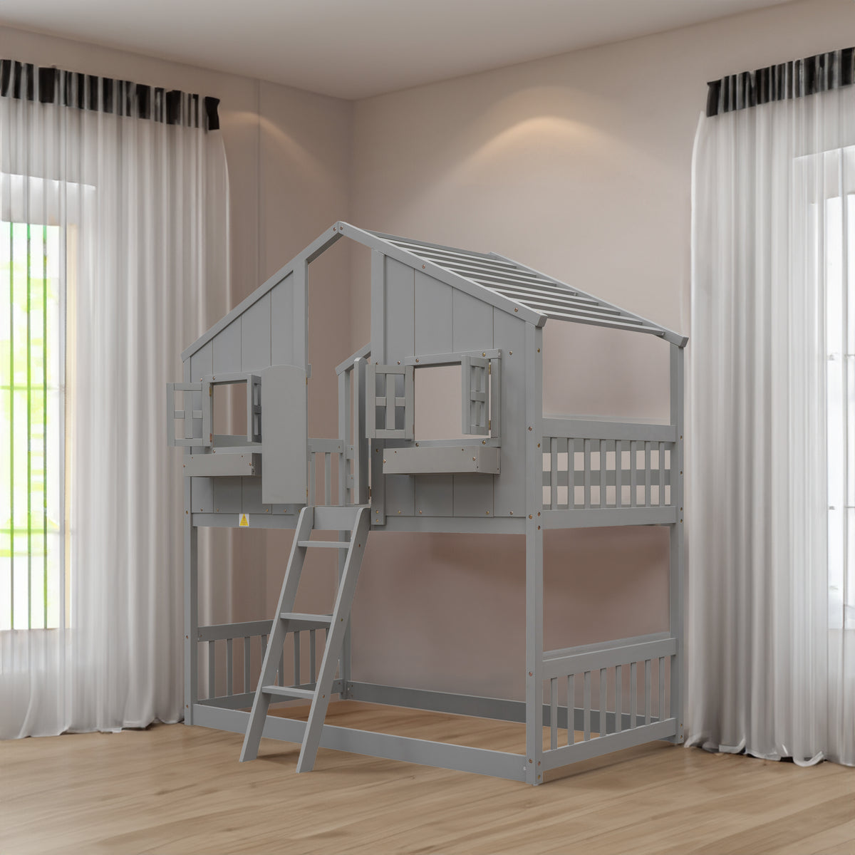 Twin House Bunk Bed with Ladder Grey