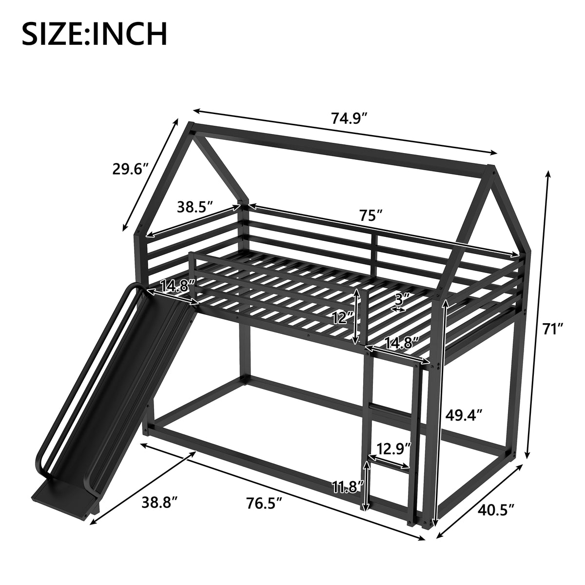 House Twin Bunk Bed with Ladder Black