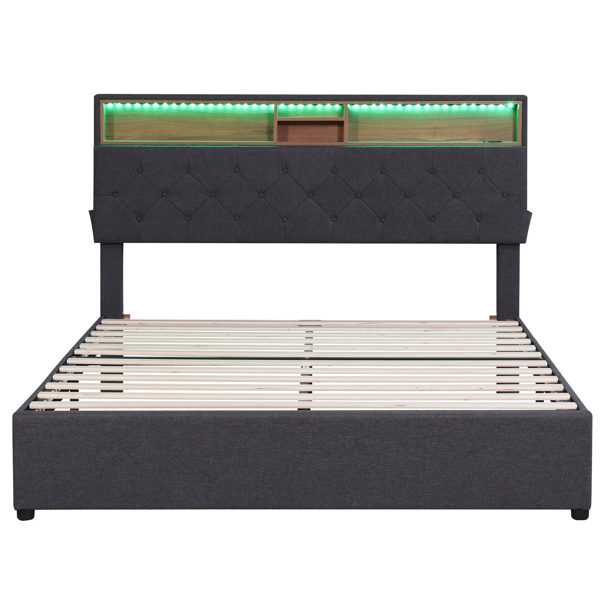 Queen LED Upholstered Storage Bed – Dark Gray