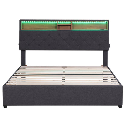 Queen LED Upholstered Storage Bed – Dark Gray
