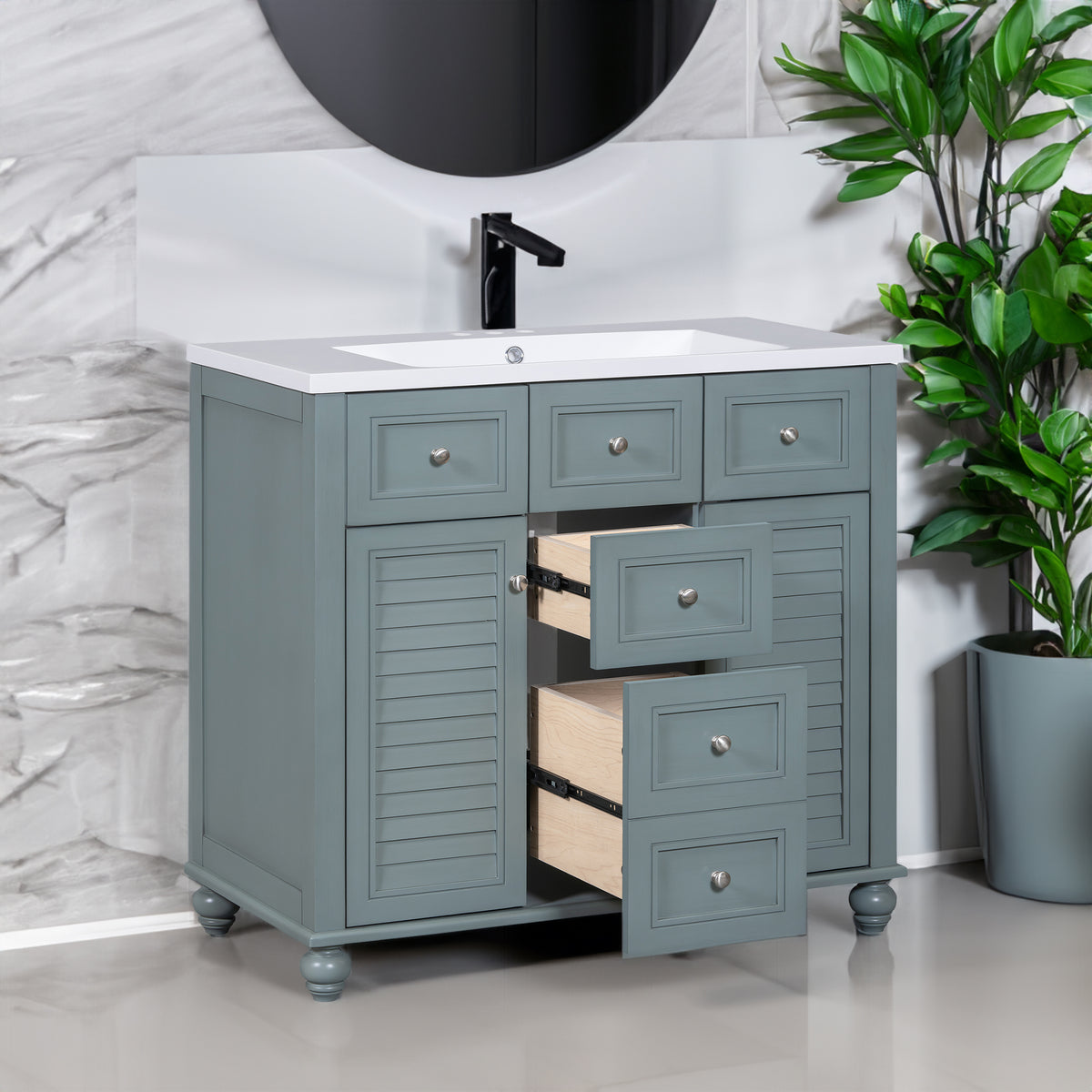 36-Inch Blue Bathroom Vanity with Resin Sink and Drawers