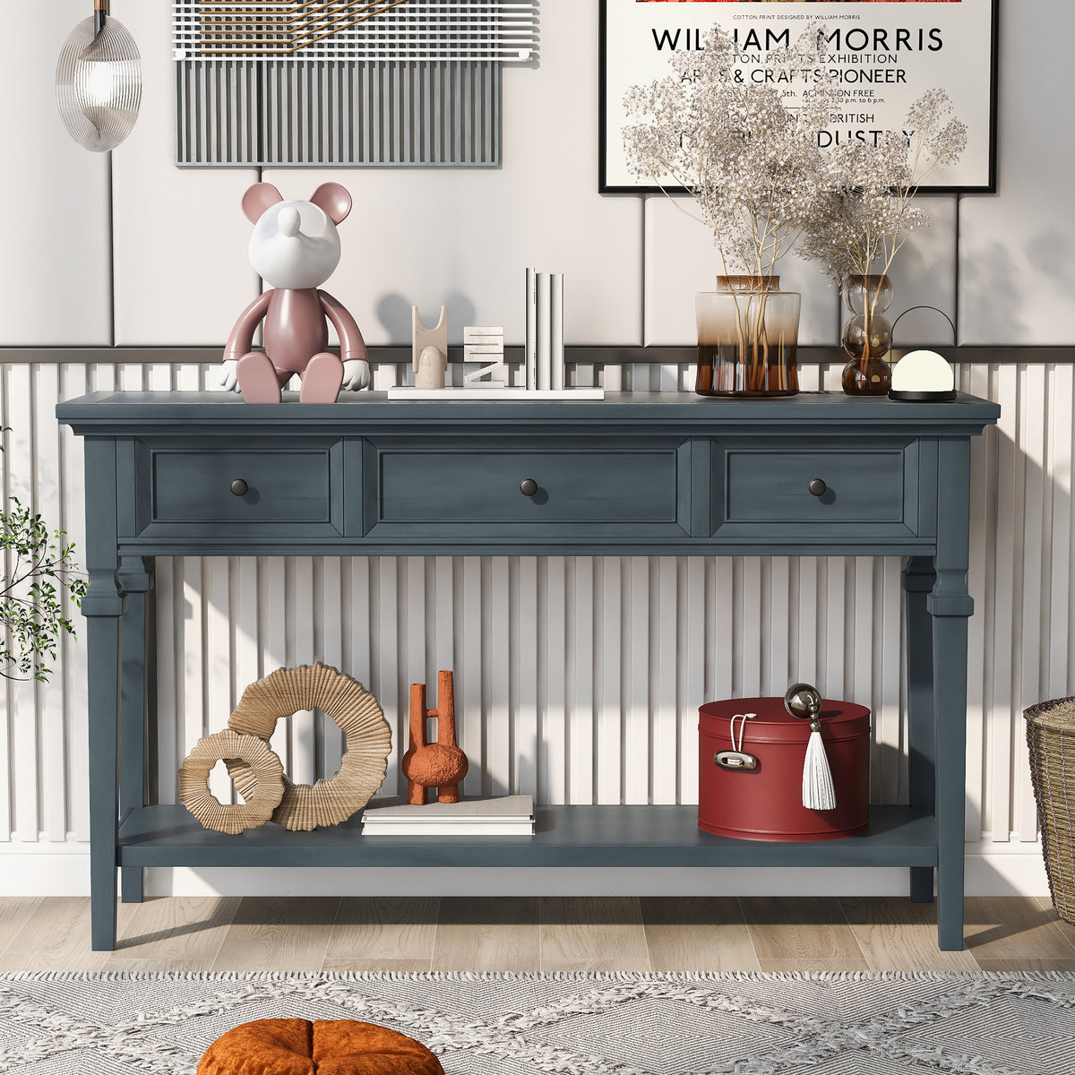 Navy Wood Console Table with Drawers