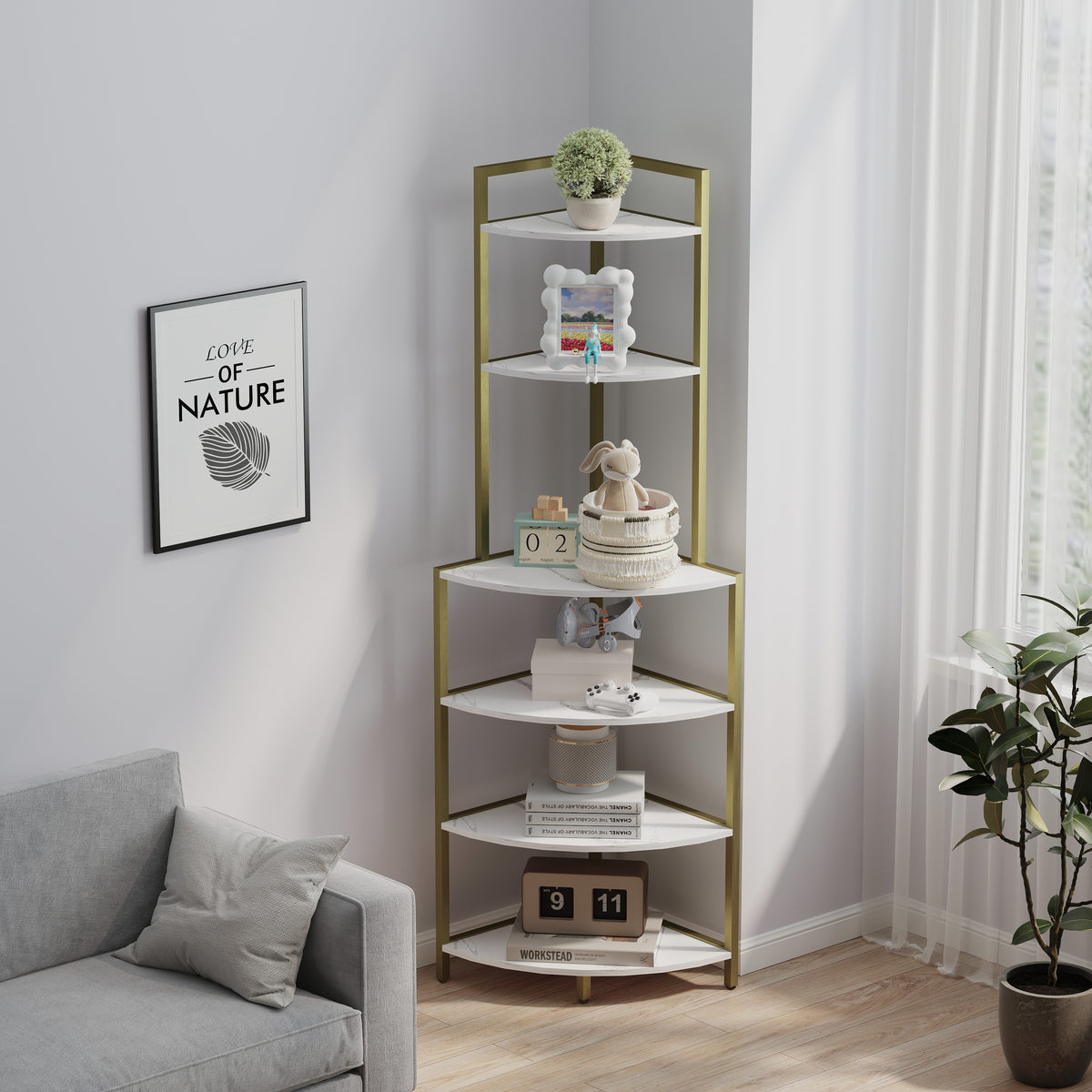 6-Tier Wooden Bookshelf Corner Storage Brown