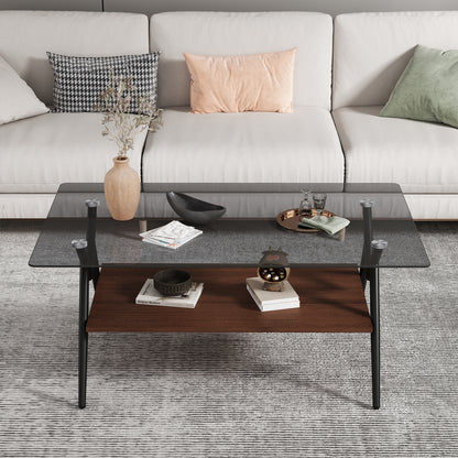 Rectangular Glass Coffee Table – Grey Wood Base