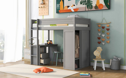 Twin Loft Bed with Wardrobe Gray