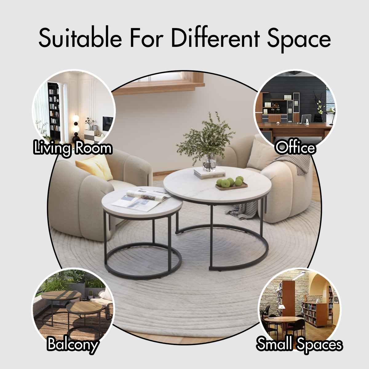 White 2-Piece Round Nesting Coffee Table Set – Marble-Look Wood Top with Metal Frame